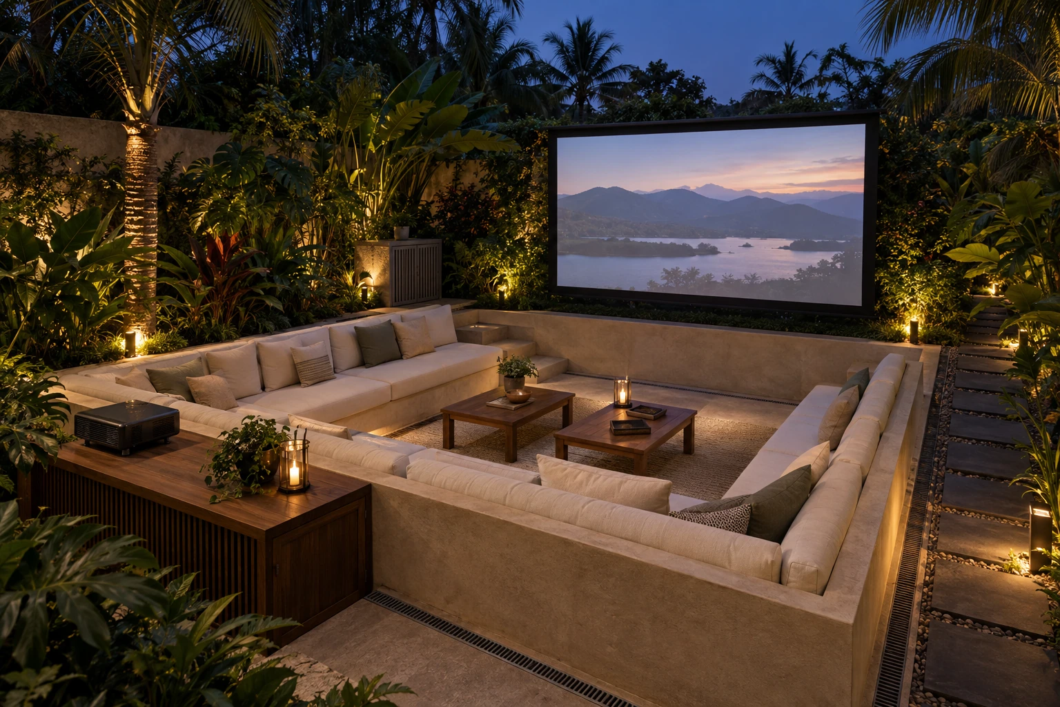 Garden cinema visualization with optional sunken lounge and seating oriented toward the screen.