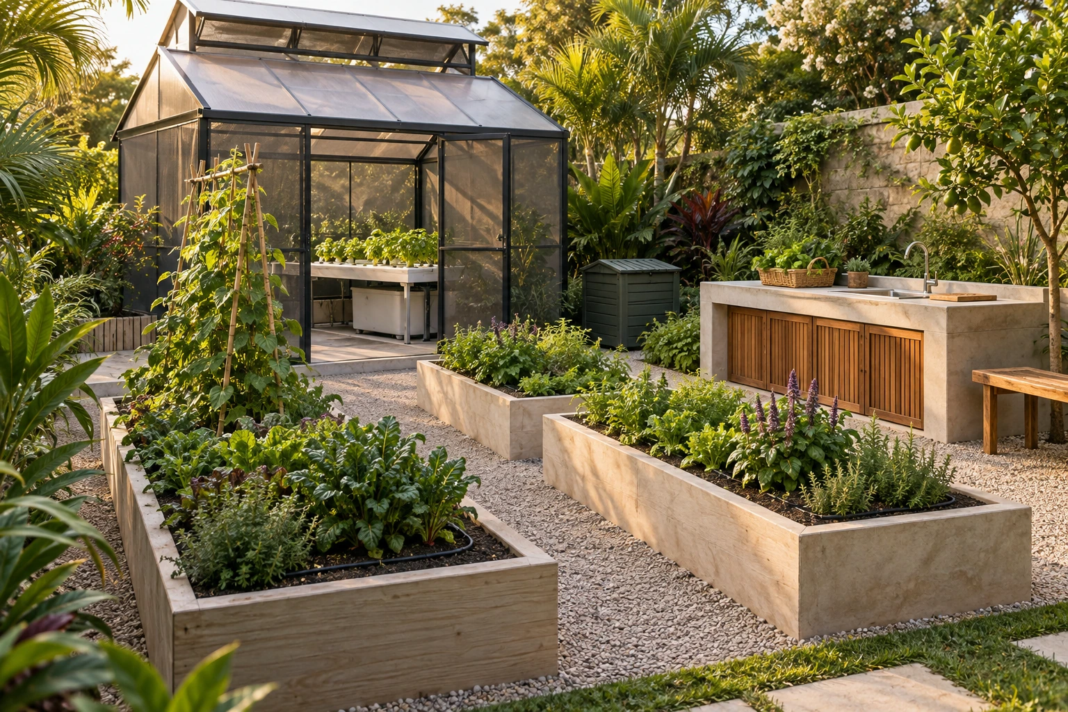 Edible garden visualization with raised beds and optional ventilated growing house and hydroponics.