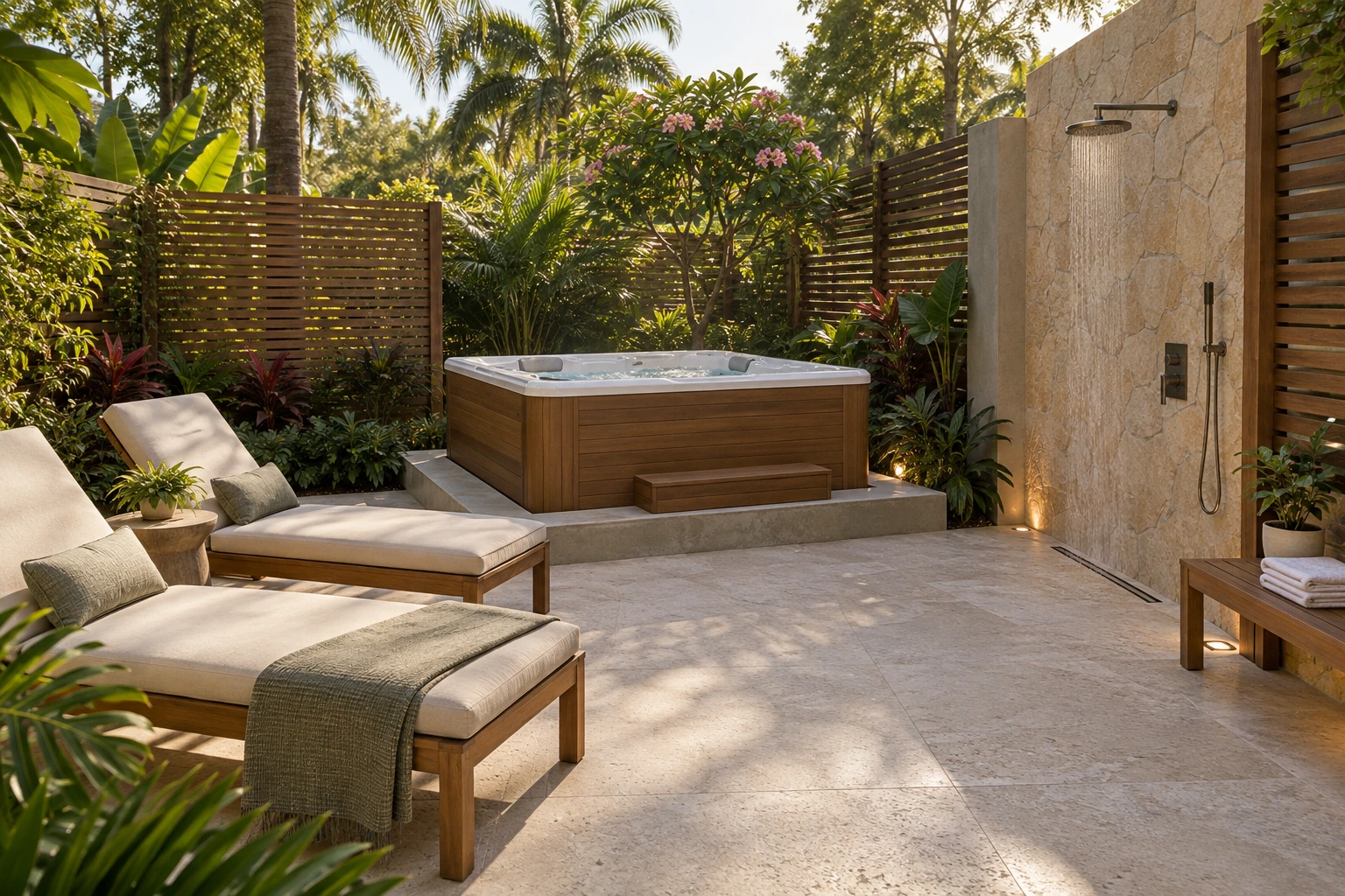 Garden spa design visualization with optional outdoor shower and two loungers.