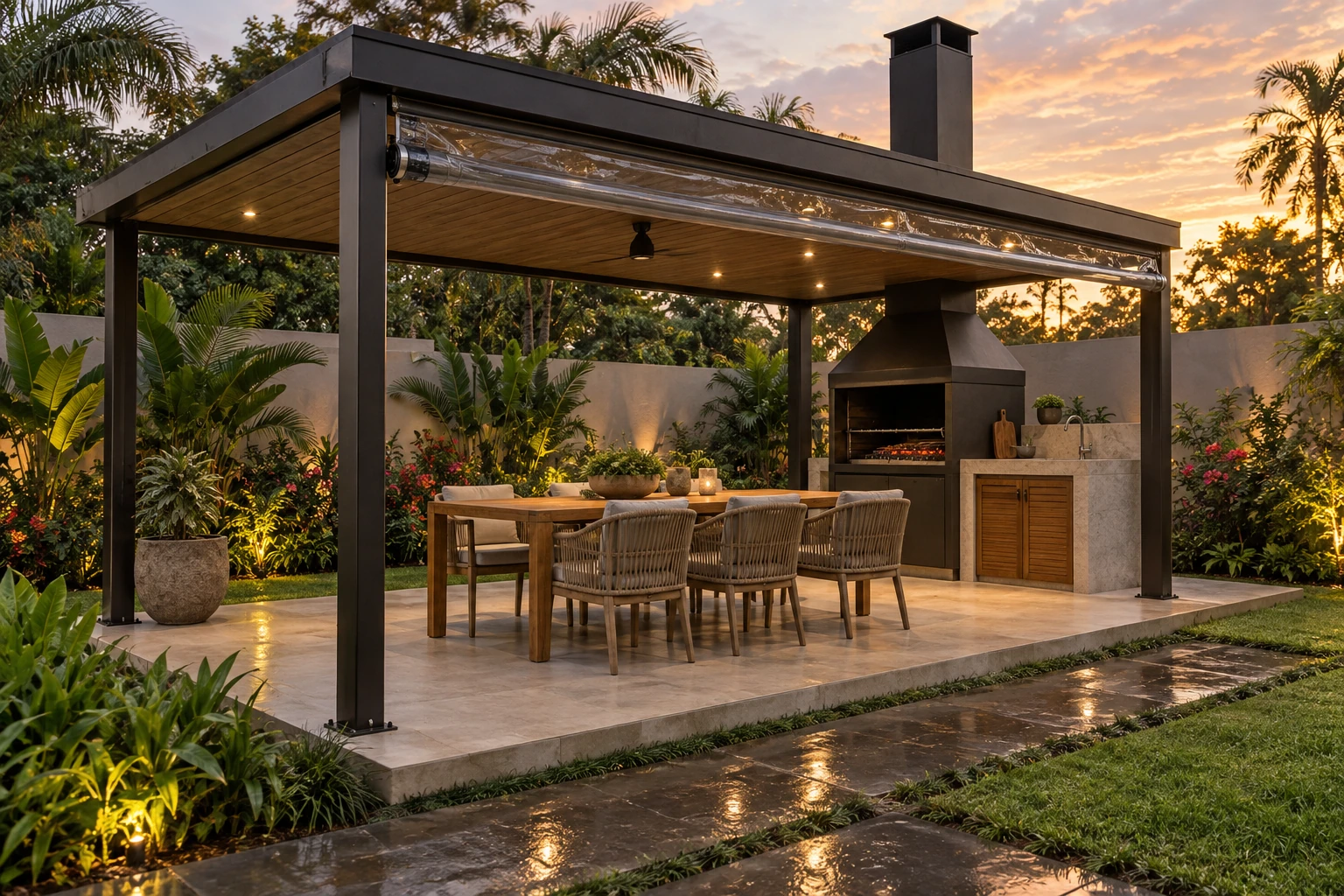Design visualization of a covered grill pavilion with dining table and optional clear weather screen.