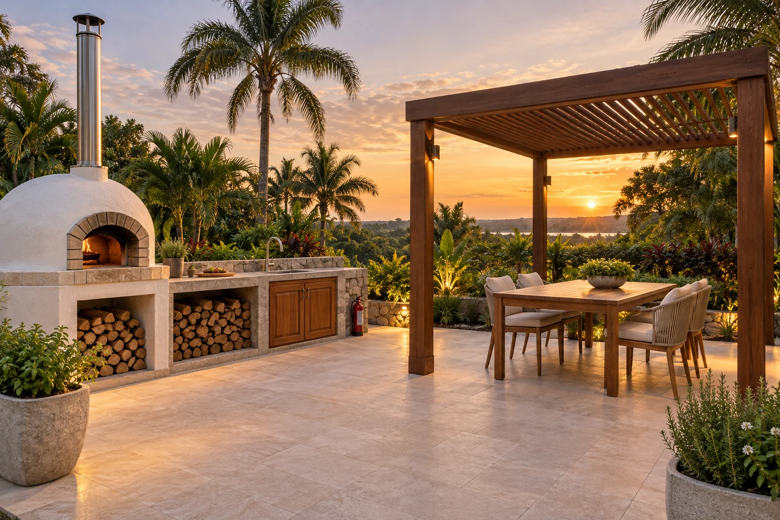 Herb garden kitchen with oven and separate optional dining pergola.