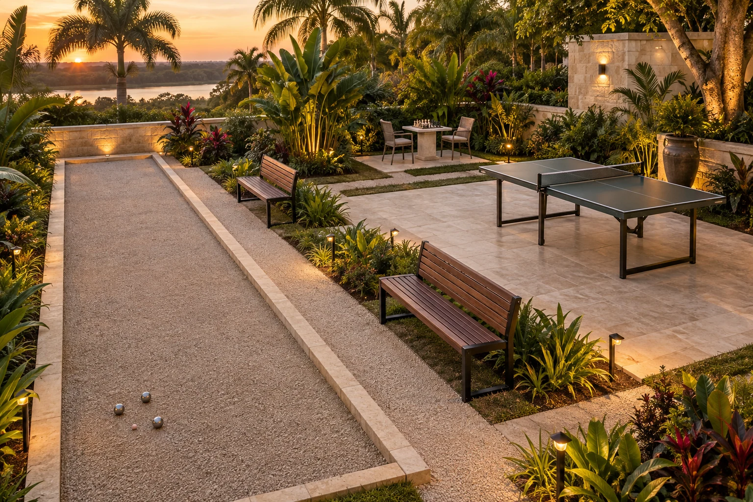 Pétanque, table tennis and optional garden chess table.