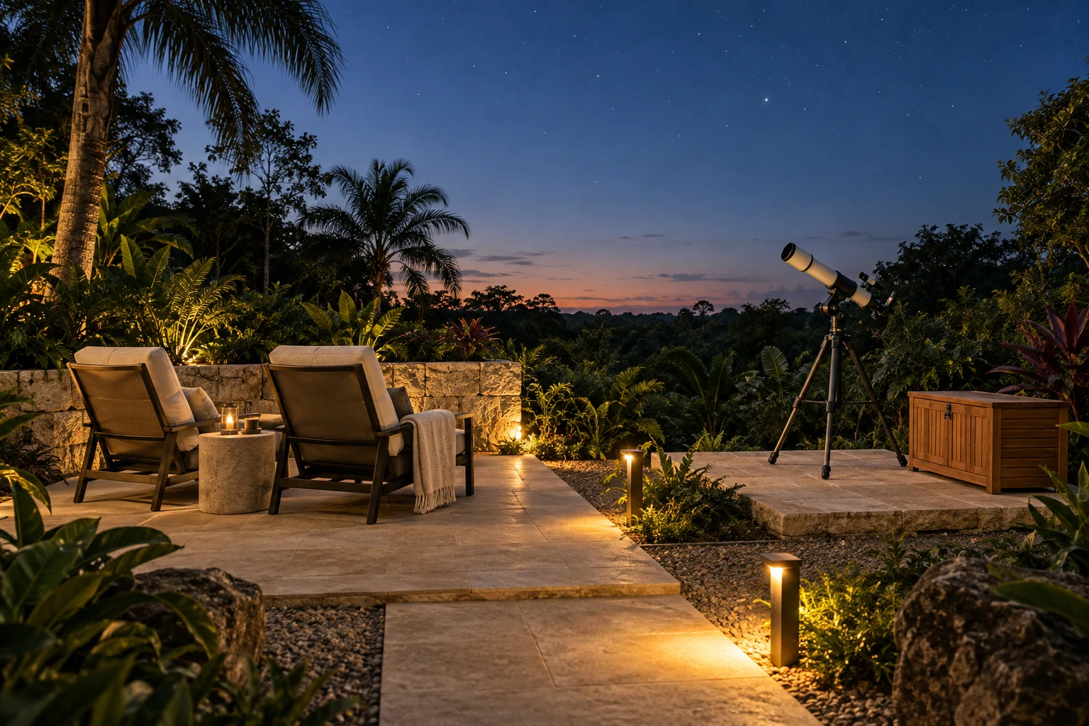 Stargazing terrace with refractor and two reclining chairs.