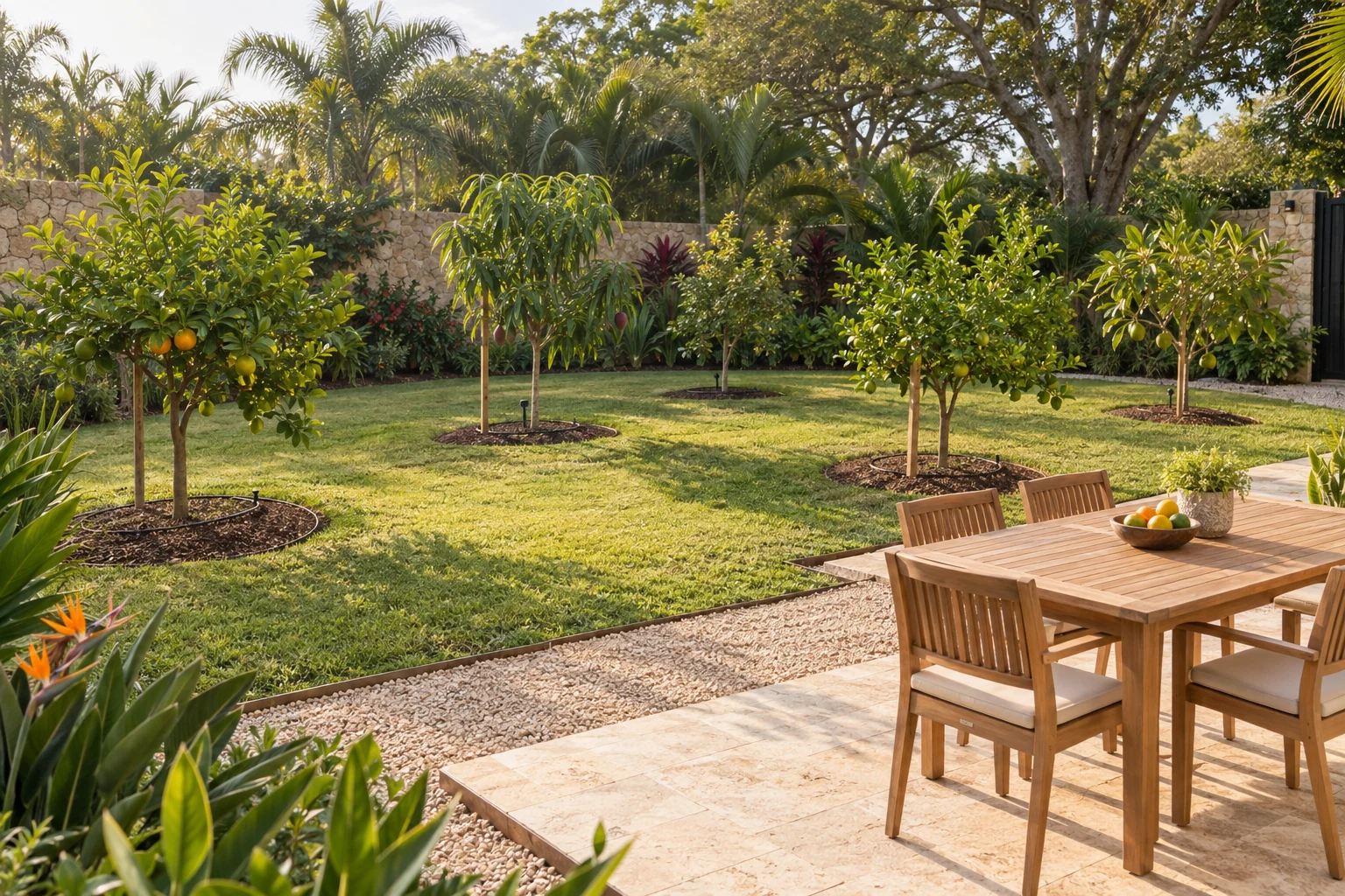 Young orchard with optional tasting table and four chairs.