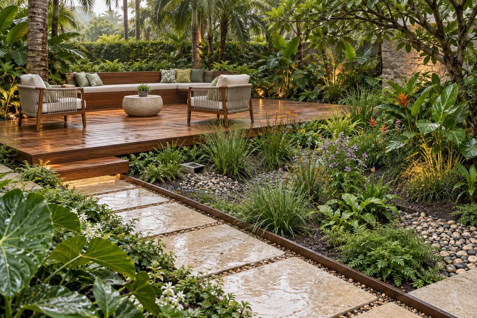 Low deck beside a draining rain garden with optional bench.