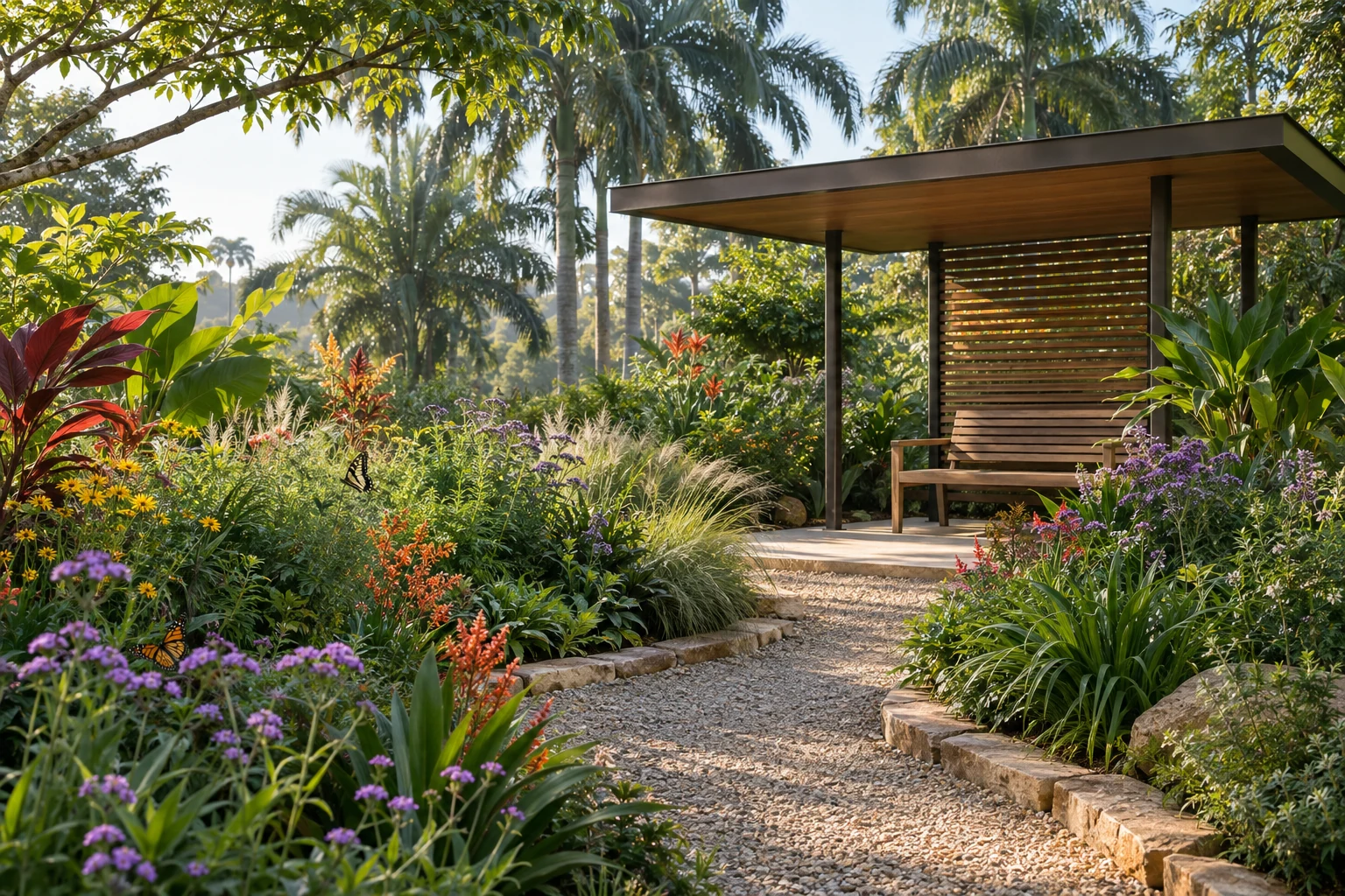 Observation shelter and bench beside a flowering tropical garden.