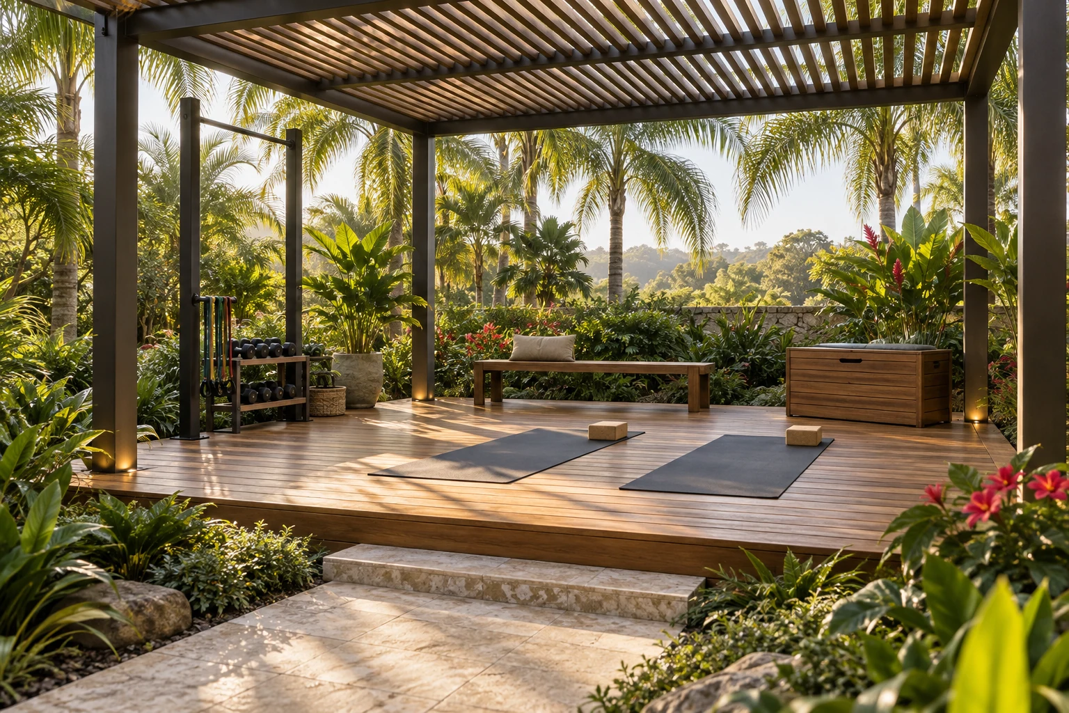 Shaded yoga deck with optional fitness station.