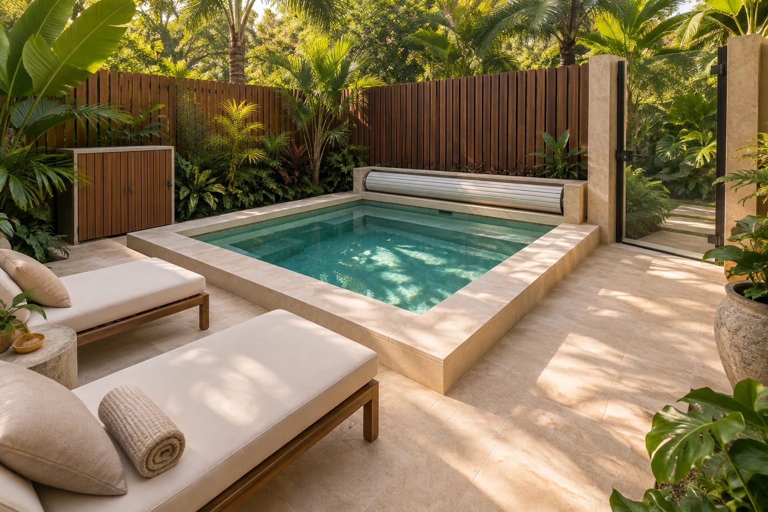 Private filtered plunge pool with two optional loungers.