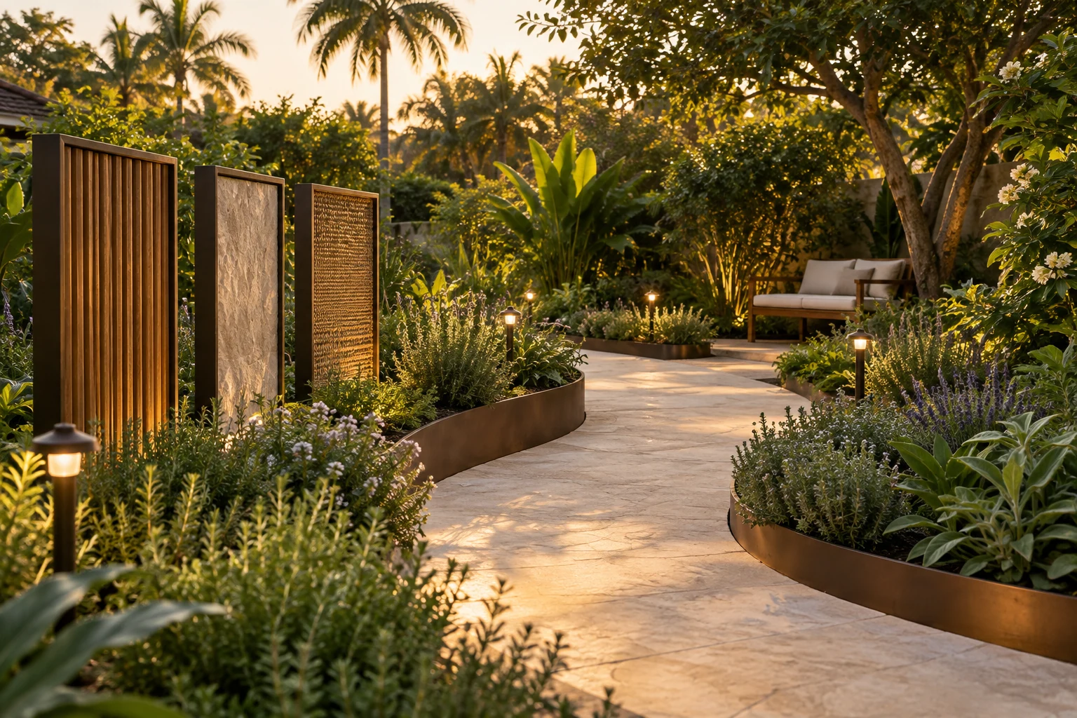 Sensory garden with bench, tactile panels and lighting.