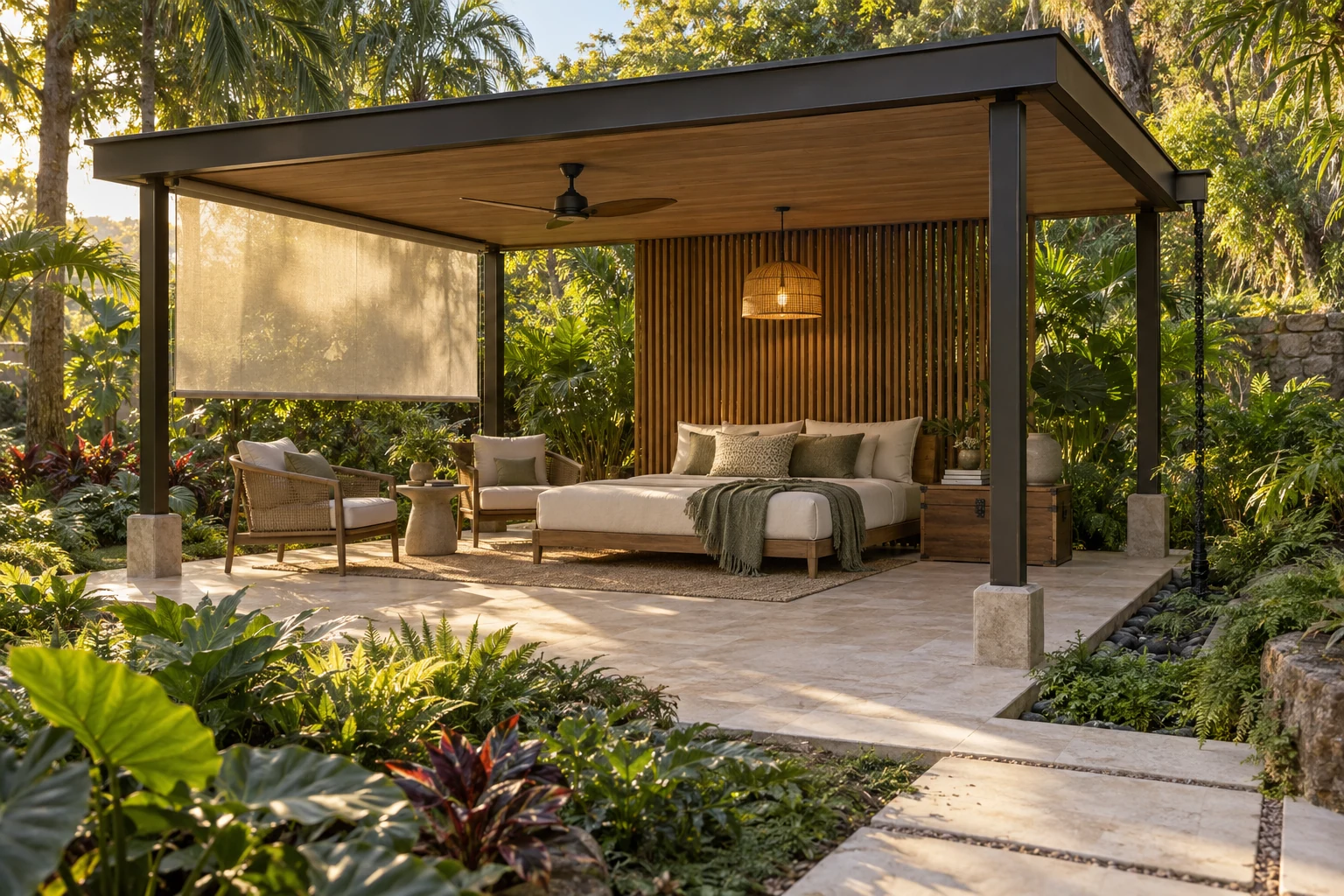Shaded daybed salon with side weather screen and fan.