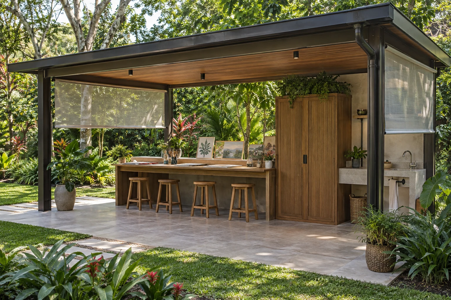 Garden craft studio with workbench and side screens.